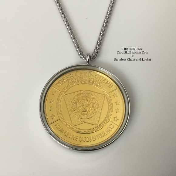 Card Guard Skeleton Skull Enamel Coin Stainless Locket 45-60cm Wheat Link Chain - Picture 2 of 8